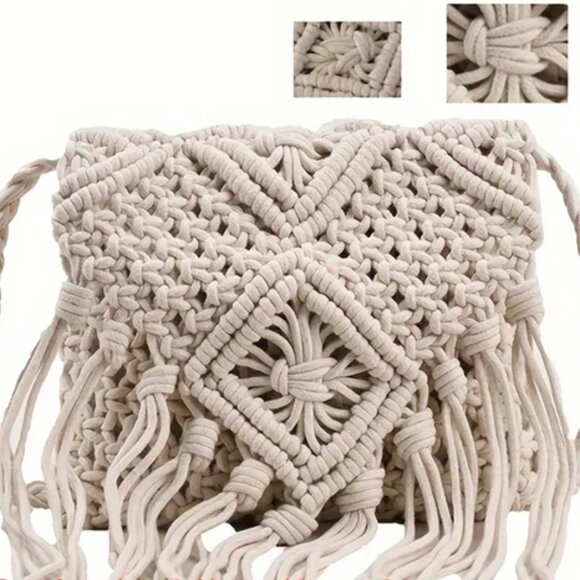 Crochet Boho Chic Woven Rope Tassel Crossbody -Ivory - NWT - Picture 6 of 8